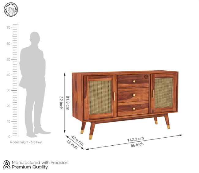 Rattic Solid Sheesham Wood Sideboard Cabinet with Cane Doors - Image 5